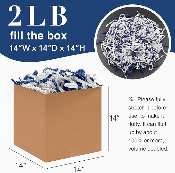 2LB Crinkle Cut Paper Shred Filler for Bag Gift Box Basket Paper Shreded Stuffing Decoration for Valentine's Day Holiday Party (Blue&White)