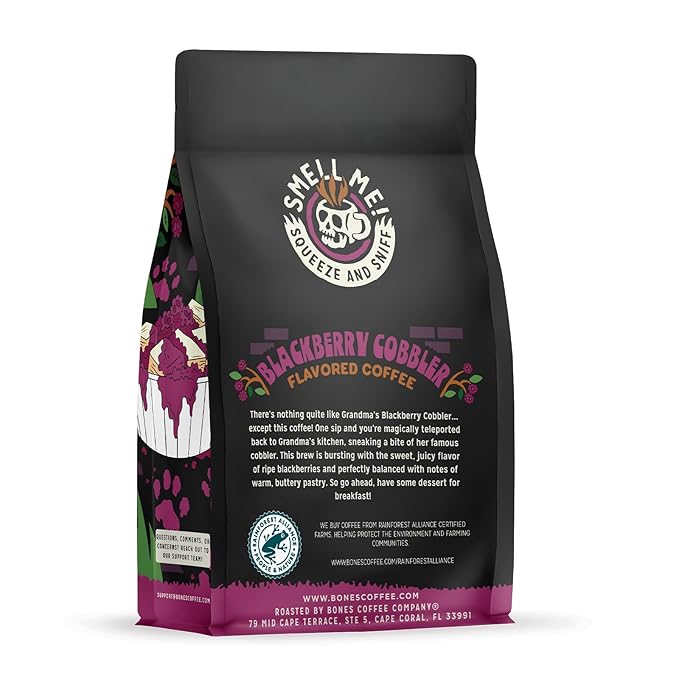 Bones Coffee Company Blackberry Cobbler Flavored Coffee Beans, Whole Bean Coffee Medium Roast Low Acid, Blackberry Cobbler Flavor (12 oz)