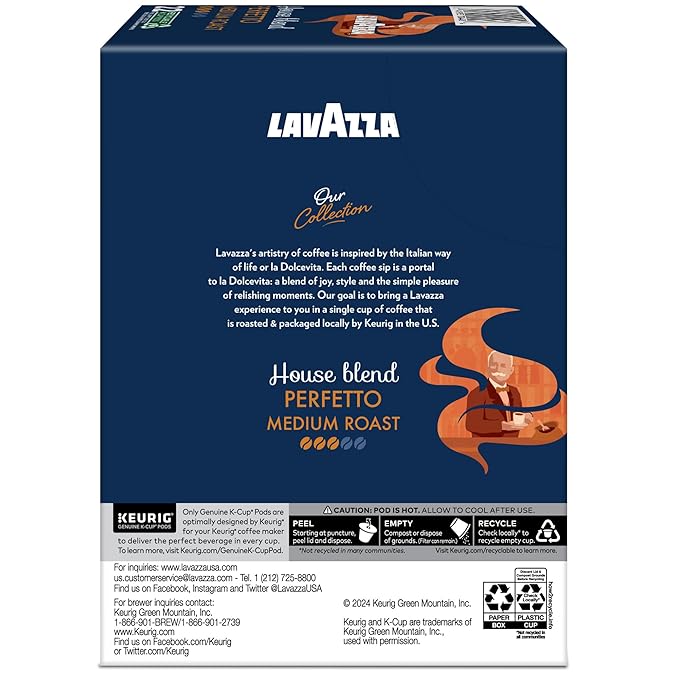 Lavazza House Blend Perfetto, Single-Serve Keurig K-Cup Pods, Medium Roast Coffee, 88-Count Box (4 Packs of 22)