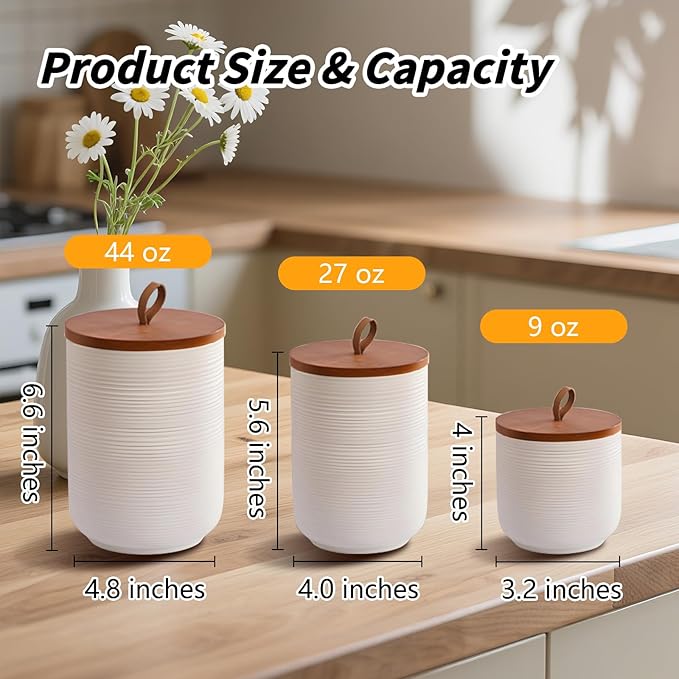 Food Storage Jar Strong Ceramic Storage Canisters with Airtight Wooden Lid,Kitchen Storage Containers for Serving Coffee Beans, Tea, Sugar, Salt, Spices (Big white)