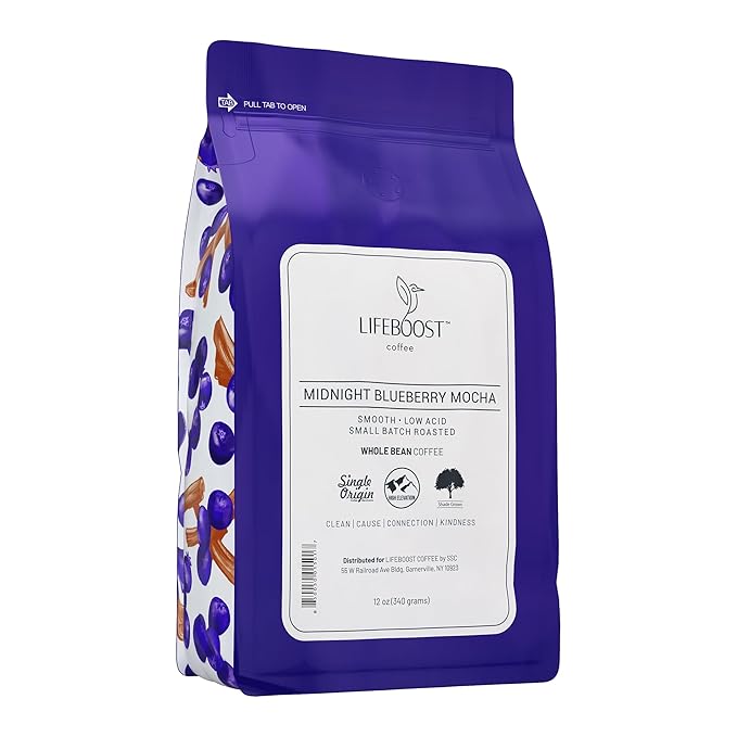 Lifeboost Midnight Blueberry Mocha Whole Bean Coffee - Non-GMO Wild Blueberry Low Acid Single Origin Coffee Beans - Third Party Tested For Mycotoxins & Pesticides - 12 Ounces