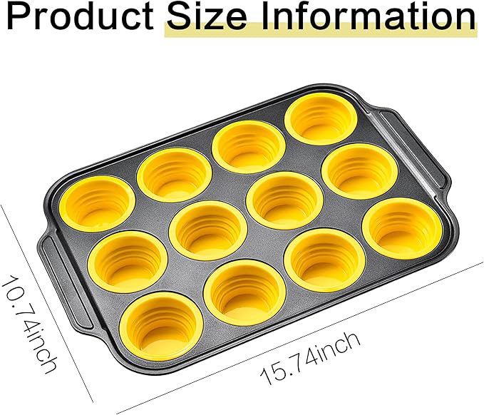 Silicone Muffin Pan, 12 Cup Muffin Pans with Metal Frame, Silicone Cupcake Pan for Baking, Non Stick Baking Cups with Press To Release Design, Cake Pop Mold, Egg Bites Mold, Yellow