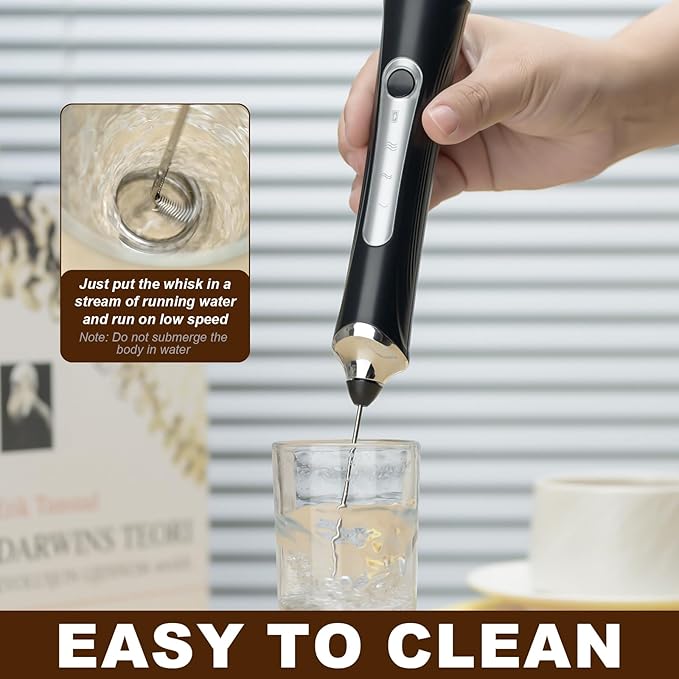 Handheld Electric Milk Frother with 2 Heads, Coffee Whisk Foam Mixer with USB Rechargeable 3 Speeds, Foam Maker Blender for Latte, Cappuccino, Hot Chocolate, Egg (Black)