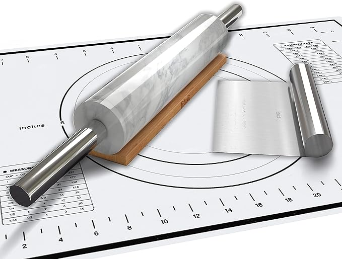 White Marble Rolling Pin with Stainless Steel Handles Baking Set - Silicone Baking Mat, Bench Scraper, Wooden Base