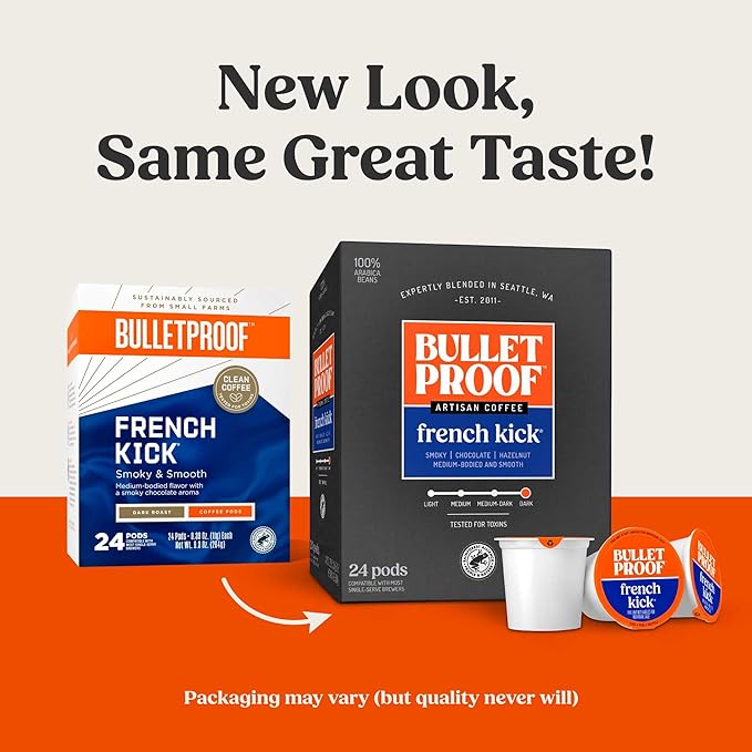 Bulletproof French Kick Dark Roast Single Serve Pods, 24 Count, 100% Arabica Coffee, Clean Coffee Tested for Toxins, Packaging May Vary