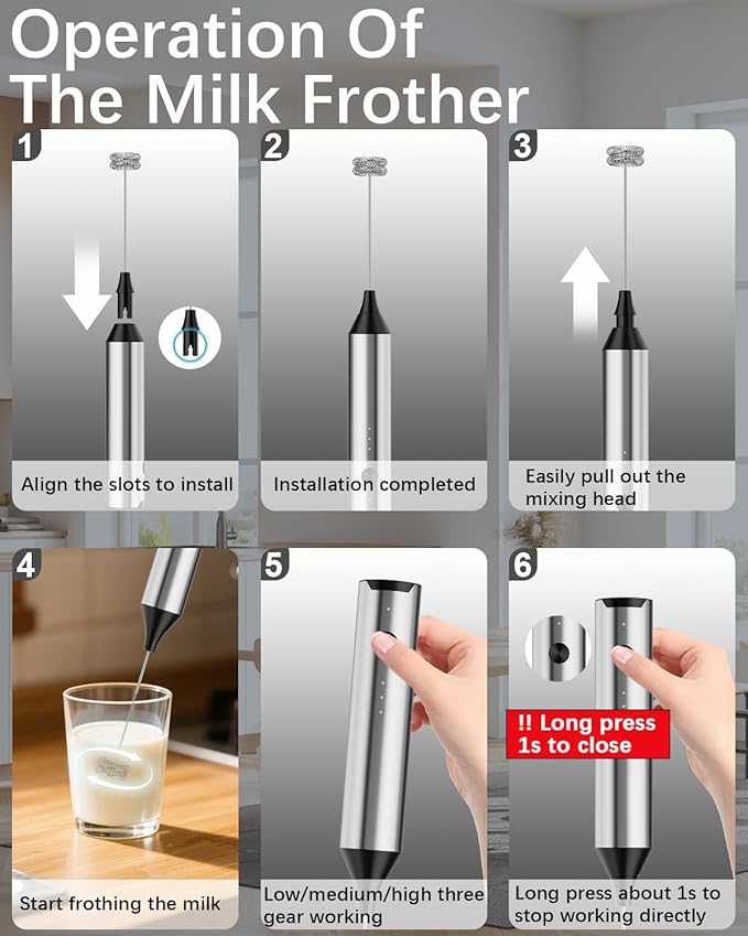 Rechargeable Milk Frother with Stand, Electric Frother Wand Handheld Coffee Foam Maker Detachable Stainless Steel Whisk Drink Mixer Foamer for Latte, Cappuccino, Hot Chocolate, Egg (Silver)