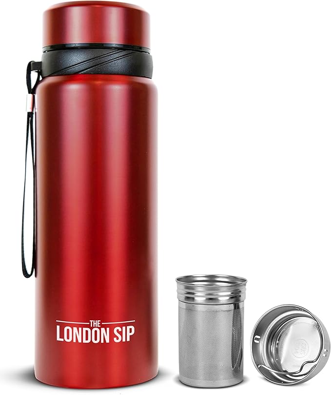 London Sip 25 oz Multi-Function Travel Mug and Tumbler Tea Infuser Water Bottle Fruit Infuser Flask Hot and Cold Double Wall Stainless Steel Coffee Thermos, Sacred Red
