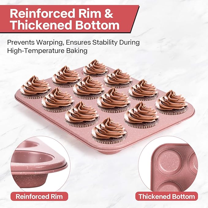 2-Pack Pink Nonstick Muffin Pans, 12-Cup Muffin Cake Pan, 5-Layer Free PFOA/PFOS/PTFE Safe Cupcake Pan, Durable & Easy-Clean Muffin Cup for Baking