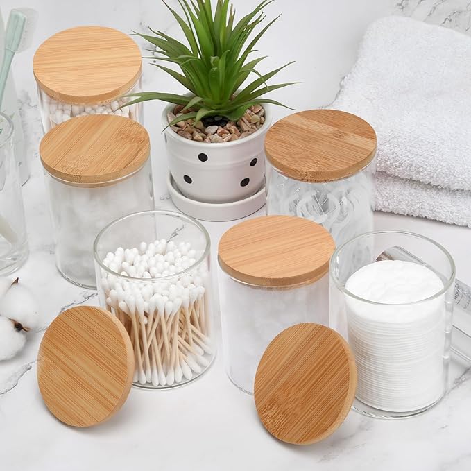 6 Pack Glass Qtip Holder Dispenser Set - Apothecary Jars with Lids for Vanity Makeup Organizer - Bathroom Canister Storage Organizer for Cotton Ball, Cotton Swab, Cotton Round Pads,Floss