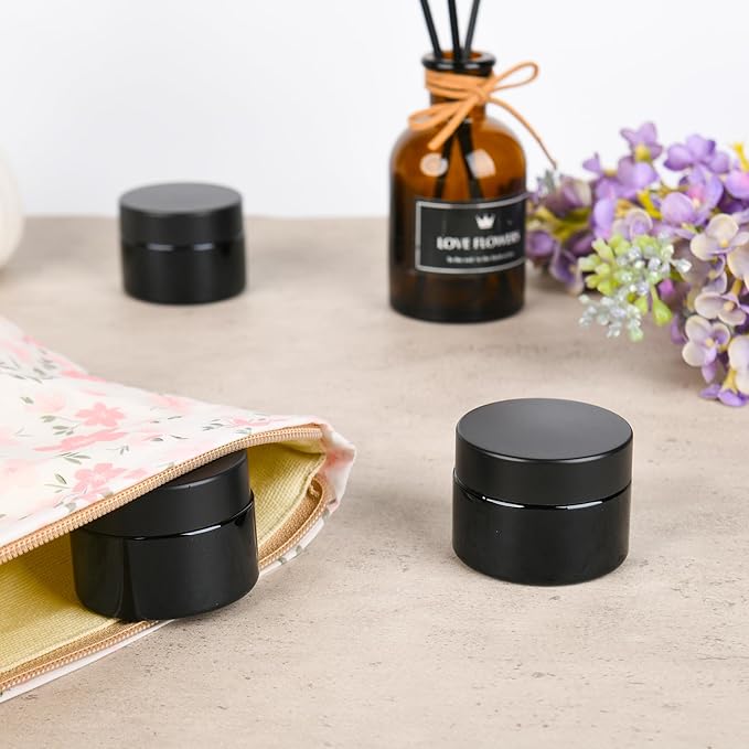 Glass Jars with Lids,Eco-Friendly Cosmetic Containers with Airtight Black Lids & Liners, Multi-Color Options for Cream, Lotion, Body Butter, DIY Skincare Travel Jars (Black, 1oz)