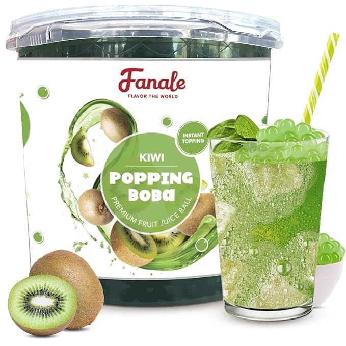 Fanale Kiwi Popping Boba Pearls, Vegan, Non GMO, Gluten Free, Fat Free, Perfect for Bubble Tea, Smoothies, Ice Cream, Desserts, and Beverages.