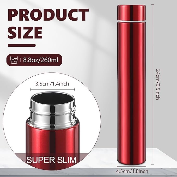 Vesici Slim Water Bottle 8.8 oz Small Stainless Steel Purse Compact Insulated Water Bottles Camping Travel Backpack Pocket Flask for Car Cold Coffee Tea(Red,1 Pack)