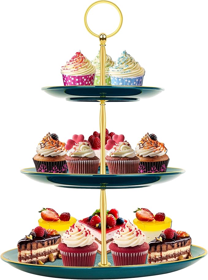 PinCute Cupcake Stand Holder - 3 Tier Cup Cake Dessert Stands, Plastic Tiered Serving Tray&Metal Rod for Birthday Party, Wedding, Tea Party, Baby Shower-Green