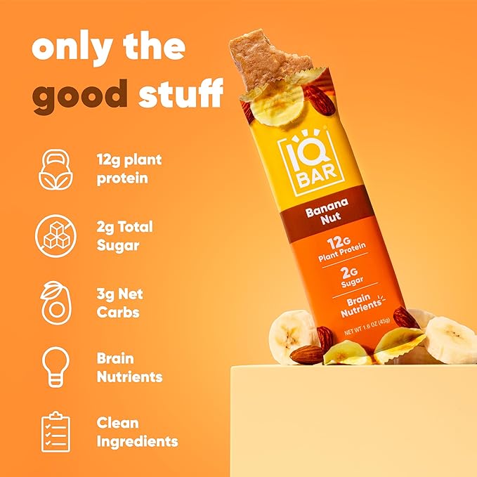 IQBAR Brain and Body Plant Protein Bars Banana Nut 12 Count - Keto, Vegan, Low Carb, High Fiber, Gluten Free, Dairy Free, Low Sugar Snack