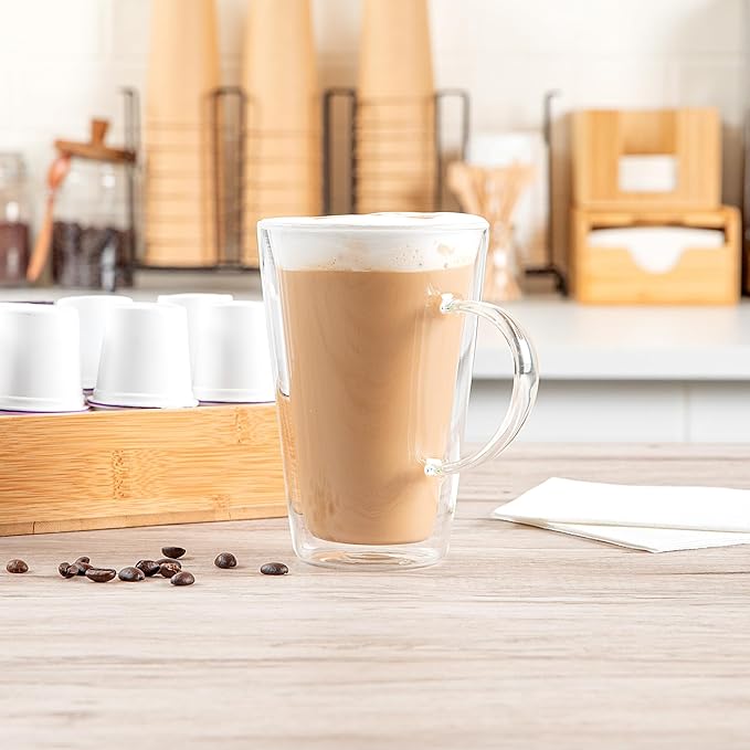Restaurantware-Forma Professional 13.5 oz Double Wall Glass Mugs, 12 Insulated Coffee Mugs With Handle - Dishwashable, Reusable, Clear Glass Beverage Cups, Freezable, For Hot Or Cold Beverages