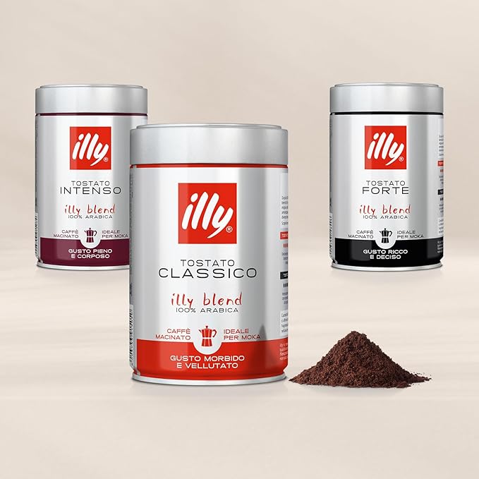illy Ground Coffee Moka - 100% Arabica Flavored Coffee Ground - Rich Aromatic Coffee Grounds Profile – Classico Medium Roast - Notes of Caramel, Orange Blossom & Jasmine - No Preservatives – 8.8 Ounce