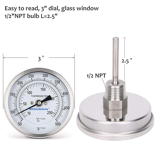 Measureman Fully Stainless Steel Bimetal Dial Thermometer, 3" Dial, 2-1/2" Stem, 50-550 deg F/10-260 deg C, -1% Accuracy, Adjustable, 1/2" NPT Back Mount