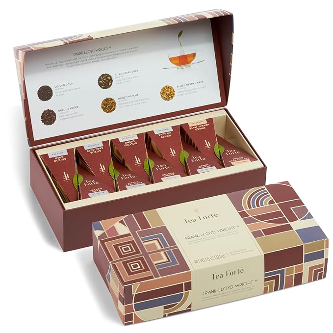 Tea Forte Frank Lloyd Wright Petite Presentation Box Tea Gift Set Sampler, 10 Count, 2 of Each Variety Individually Wrapped Handcrafted Pyramid Infuser Bags