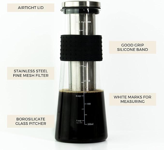 Cafe Crush Club Cold Brew Coffee Maker | Fire Toughened Borosilicate Glass | 304 Stainless Steel Infuser | 1000ml / 34 oz | Cold Brew Iced Coffee Pitcher