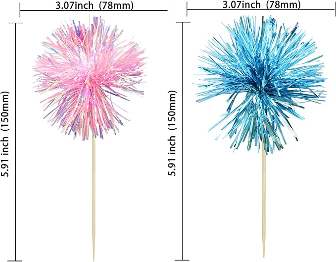 Ephlyn 30Pcs Foil Firework Cupcake Toppers Sparkle Tinsel Cupcake Picks Happy Birthday Cake Decorations Drink Stirrers Cocktail Food Toothpicks for Baby Shower Graduation Party Supplies Blue Pink