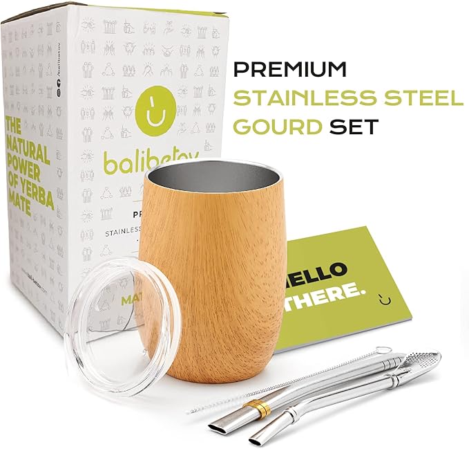 BALIBETOV 5 pcs large Yerba Mate Cup and Bombilla Kit, Includes one 12 oz Yerba Mate Gourd with Lid, Two Bombillas Mate Straw and one cleaning brush | Stainless steel | Double Walled
