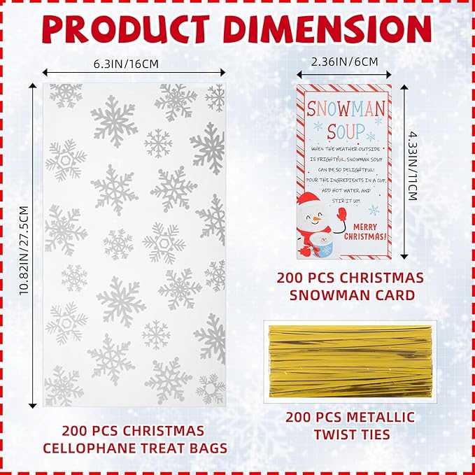 200 Sets Christmas Snowman Soup Kits for Classroom Coworker Gift 12 Oz Winter Snowman Paper Cups for Hot Cocoa Chocolate Marshmallow Soup Tags Clear Xmas Bags (Elegant)