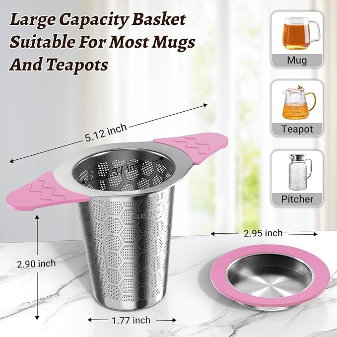 Tea Infuser for Loose Leaf Tea,18/8 Stainless Steel Tea Infuser with Heat Proof Silicone Handles,Extra Fine Mesh Tea Strainers Filter Fine Tea Leaves Effectively,Fits TeaPots/Mugs-Pink