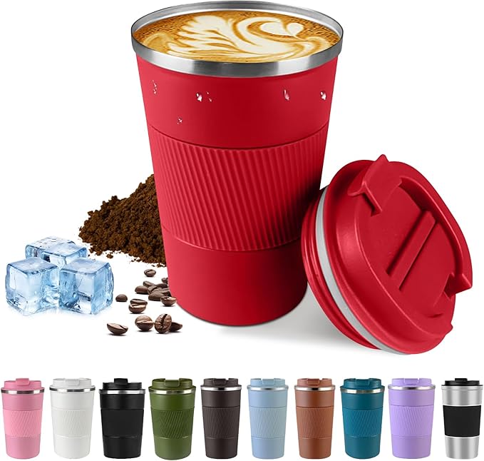 Vacuum-Insulated Stainless Steel Travel Coffee Mug, Leak-Proof Reusable Coffee Cup with Lid - Keep Hot & Cold Drinks for Hours, Durable Thermos Tumbler for Men & Women (3rd-Red, 17OZ)