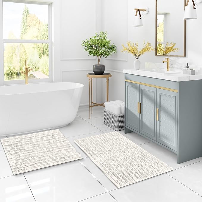 Arotive Luxury Chenille Bathroom Rug Mat, Extra Soft Thick Absorbent Shaggy Bath Rugs, Non-Slip Machine Wash Dry, Plush Bath Mats for Bathroom, Shower and Tub, 47x32, Ivory