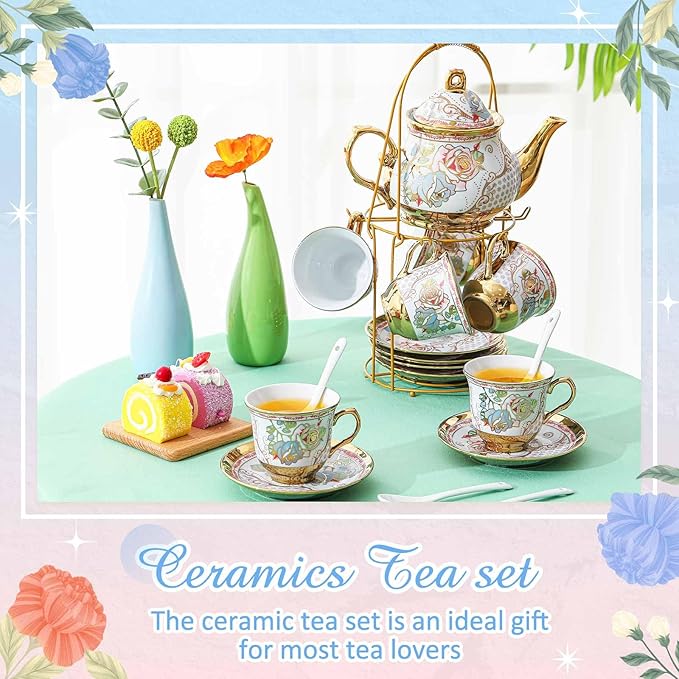 Zhehao 20 Pcs Porcelain Tea Set with Metal Holder and Spoon Adult Ceramic Tea Party Set European Flower Painting Teapot Cup Saucer Spoon Set for Women, Large Version(Minimalist Style)