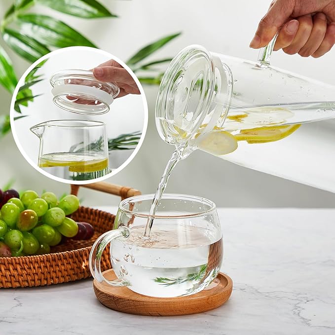 Hsei 2 Sets Glass Pitcher with Lid, 50 oz / 1500 ml Water Carafe with Handles Hot Cold Beverage Water Jar Glass Jug for Tea Juice Milk Coffee Iced Beverage (Glass Lid)