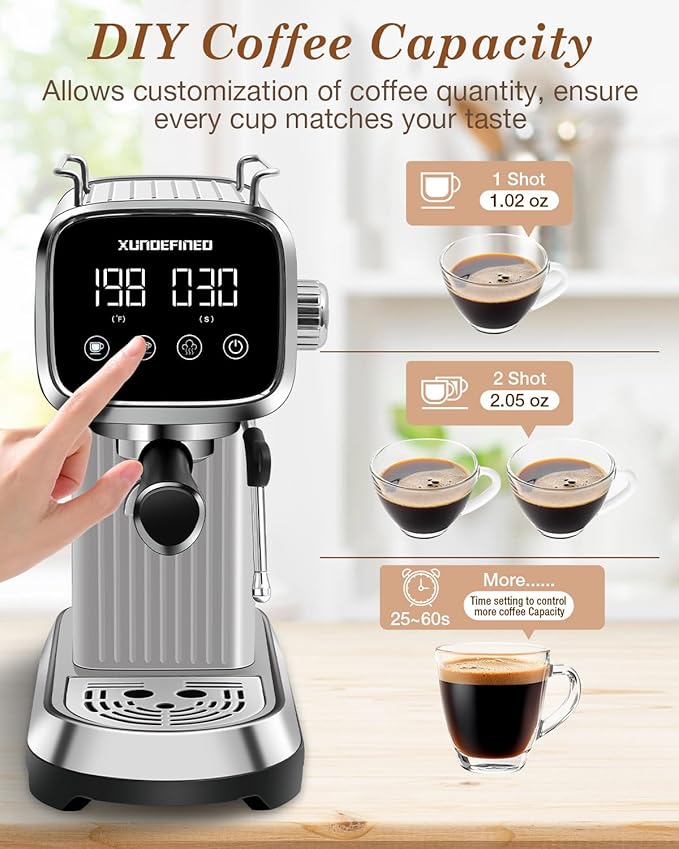 Espresso Machines 20 Bar with LED Touchscreen, Adjustable Temperature(185~203°F) Timing(25~60s), Compact Stainless Steel Coffee Maker with Milk Frother Steam Wand for Home Cappuccino & Latte Maker