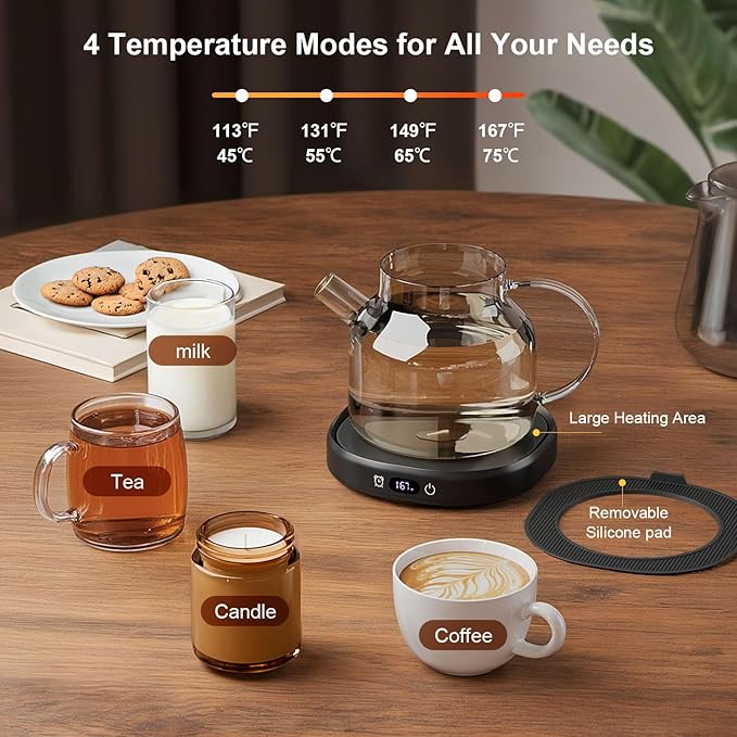 Coffee Mug Warmer & Mug Set for Desk Auto Shut Off, Smart Coffee Warmer & 14oz Cup, Fast Heating Electric Coffee Cup Warmer 4 Temperature Control Setting 8H Timer Candle Tea Beverage Warmer for Coffee