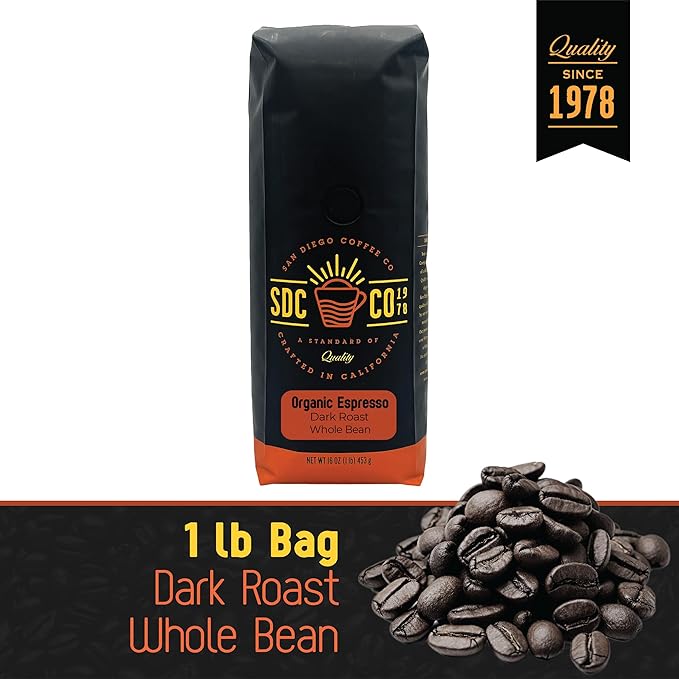San Diego Coffee Organic Espresso, Dark Roast, Whole Bean Coffee, 16-Ounce Bag Café en grano tostado