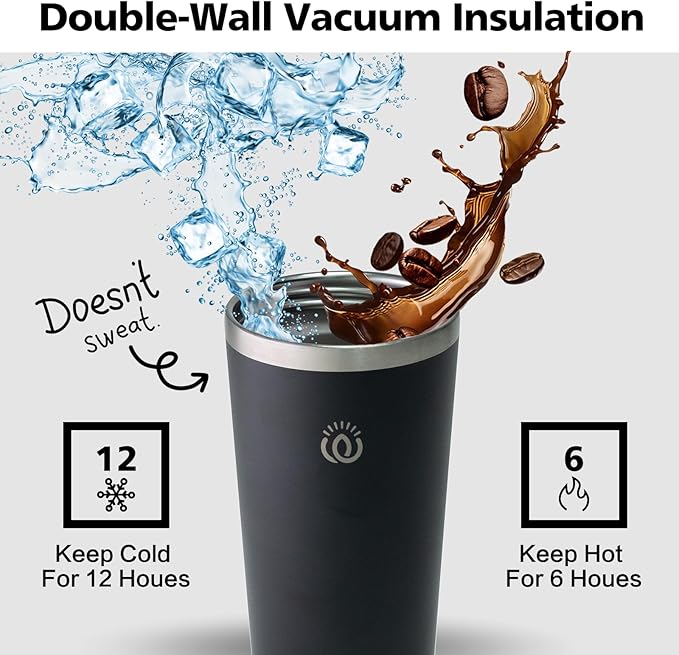 Insulated Coffee Mug with Lid, Reusable Stainless Steel Travel Coffee Cup, 16 Oz Double Wall Vacuum Spill Proof Tumbler Cups for Men and Women Hot & Cold Drinks（Black）
