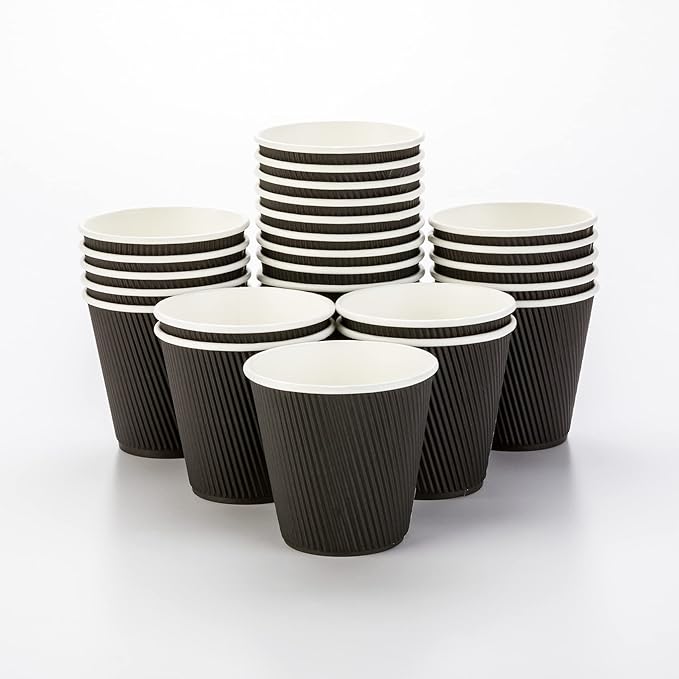 Restaurantware 8 Ounce Disposable Cups Pack of 25 Double Wall Hot Cups–Lids Sold Separately, Designed with a Rippled Wall and Black Paper Insulation, Ideal for Coffee, Hot Chocolate, and Tea