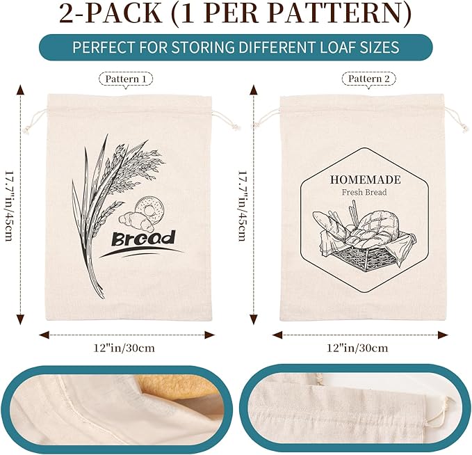 2 Pack of Bread Bags for Homemade Bread，Reusable Linen Sourdough Storage Bags with Plastic Liner,Cotton (17.7" x12")