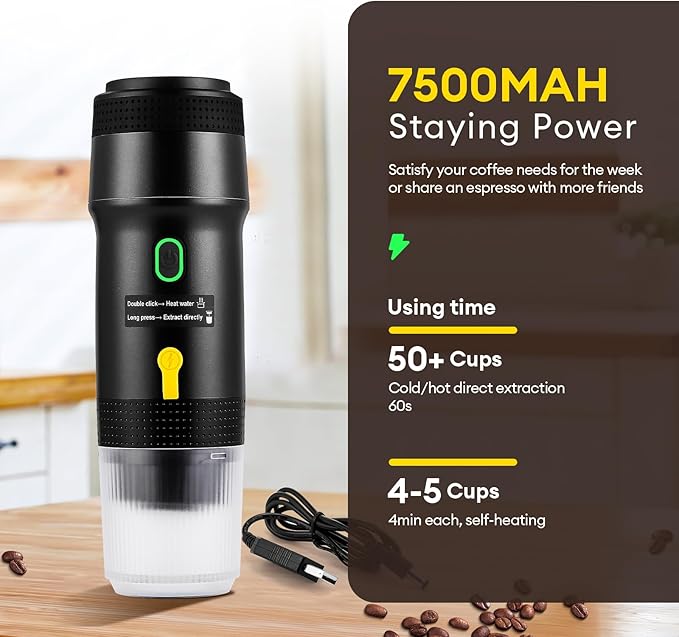 3 In 1 Portable Coffee Maker for Travel, 20 Bar Portable Espresso Machine with USB,Travel Coffee Maker Self-Heating, Compatible with Ground Coffee & Capsule for Hiking,Office,RV（Upgrade）