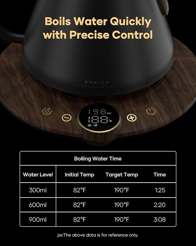 Cocinare FLOW B9 Gooseneck Electric Kettle, Precise Temperature Control for Pour-Over Coffee & Tea Brewing, Stainless Steel Interior, Rapid Heating for Boiling Water 1500W/0.9L (Black Wooden)