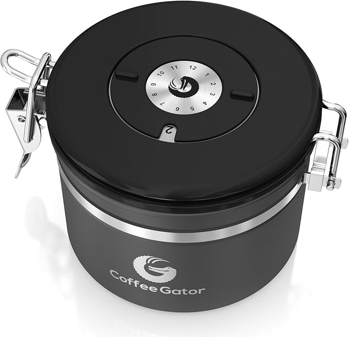 Coffee Gator Coffee Canister, 11oz Airtight Stainless Steel Kitchen Food Storage Container with Date-Tracker, CO2-Release Valve and Scoop for Beans, Grounds, Sugar, Cookies Jars, Tea, Cereal - Gray