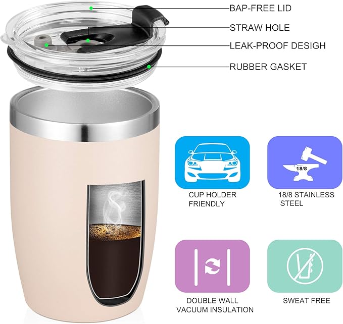 VEGOND Stainless Steel 12 oz Tumblers bulk Vacuum Insulated Double Wall Travel Tumbler with Lid and Straw Reusable Tumbler,Beige 12 pack