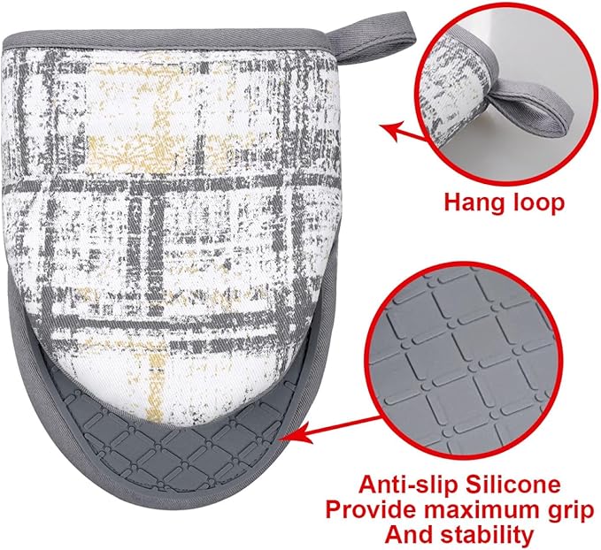 Mini Silicone Oven Mitts, Heat and Slip Resistant Kitchen Gloves 2-Pack Set, Vintage Plaid Soft Oven Mittens, Flexible Pot Holders for Cooking Baking and Grilling (Vintage Grey)