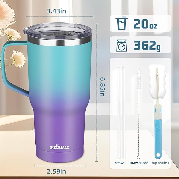 20 oz Insulated Coffee Mug with Ceramic Coating, Stainless Steel Travel Mug Tumbler with Handle Lid and Straw, Double Wall Leak-Proof Coffee Travel Mug Keeps Drink Hot and Cold (Azure Purple)
