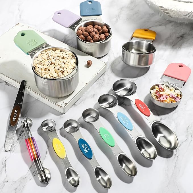 Magnetic Measuring Cups and Spoons Set of 16 Includes Stainless Steel Magnetic Measuring Cup Double Sided Magnetic Measuring Spoons with 1 Leveler for Dry and Liquid Ingredients