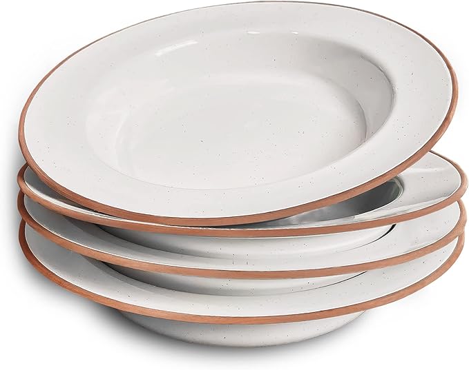 Mora Ceramic Wide Rimmed Soup Bowl 25oz, Set of 4 - For Pasta, Italian, Spaghetti, Dipping Bread, Fancy Dinner etc. Large Plate/Bowls Hybrid For Everyday & Restaurant Use, Large Flat Rim - Vanilla