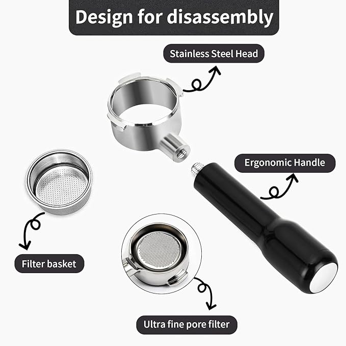 51mm Bottomless Portafilter for Delonghi Dedica EC680, EC685,SMEG and EUPA Coffee Machines, 3-Ear Design, Stainless Steel 51mm portafilter with Stainless Steel Double Shot Capacity Cup Filter Basket