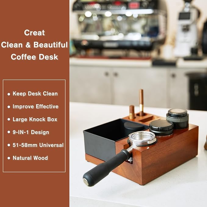 Espresso Tamping Station Knock Box - 9 in1 Espresso Knock Box And Tamp Station Coffee Organizer Fit for 51mm 53mm 54mm 58mm Espresso Tamper Distributor Portafilter Puck Screen Accessories Storage