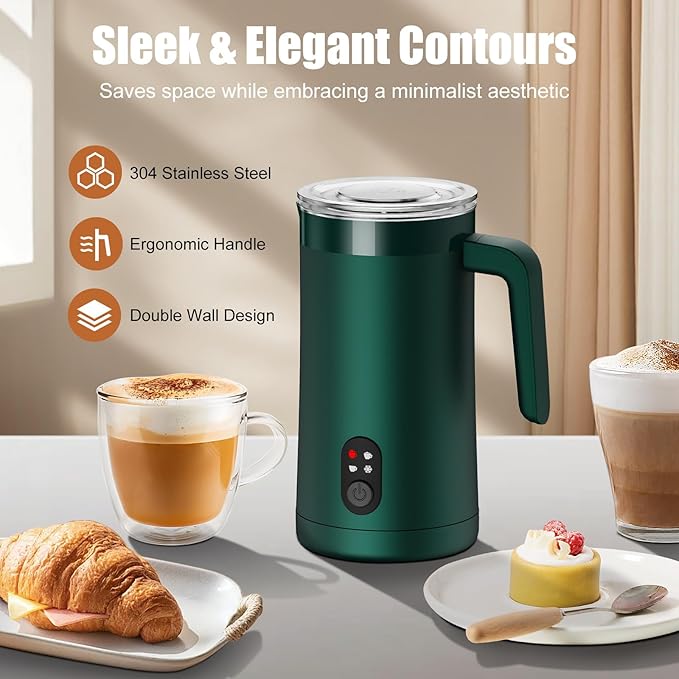 Milk Frother, 4-in-1 Milk Frother and Steamer, 13.5oz/400ml Automatic Hot and Cold Foam Maker and Milk Warmer, Electric Frother for Coffee, Latte, Cappuccino, Macchiato, Matcha(Forest Green)