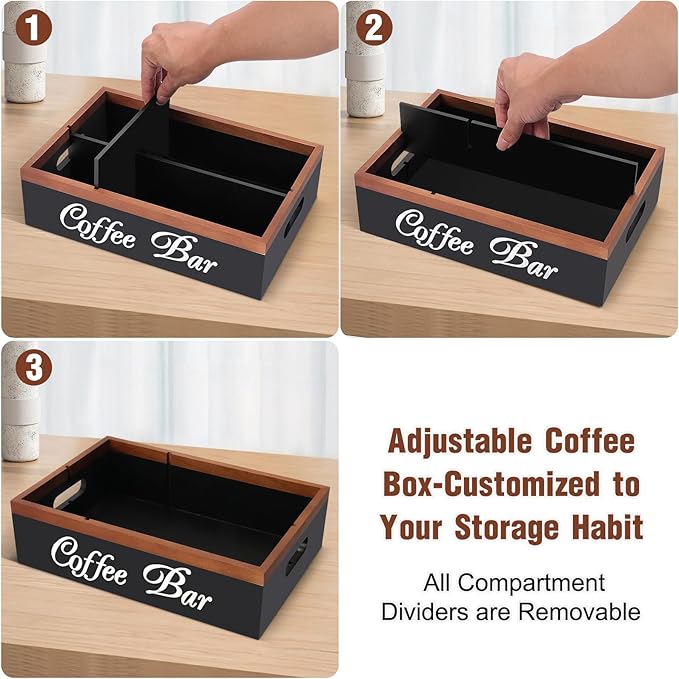 Wooden Coffee Organizer Holder with Divided Sections & Cutout Handle, Farmhouse Coffee Bar Organizer for Pods, Cups, Lids, Syrups, Stirrers & Accessories – Ideal Gift for Home or Office