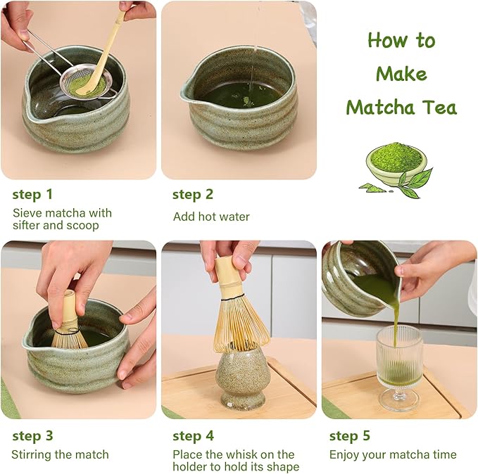 Matcha Whisk Set, 7 Pcs Matcha Kit Includes 18 oz Ceramic Matcha Bowl with Spout, Bamboo Whisk and Holder,Scoop with Stand, Sifter & Tea Towel, Complete Matcha Making Kit
